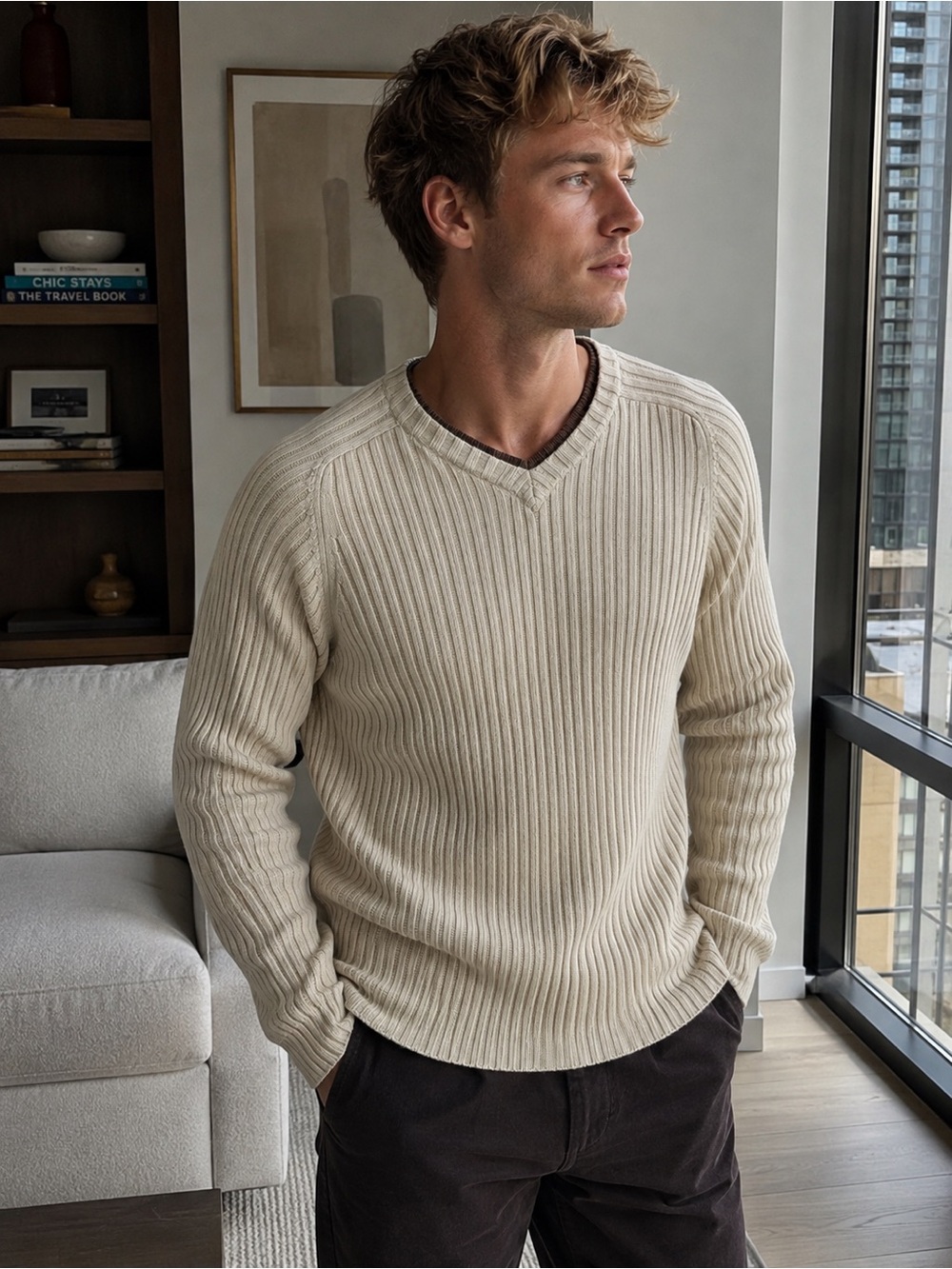 American Rag Cie Cream Ribbed V Neck Sweater Men’s L